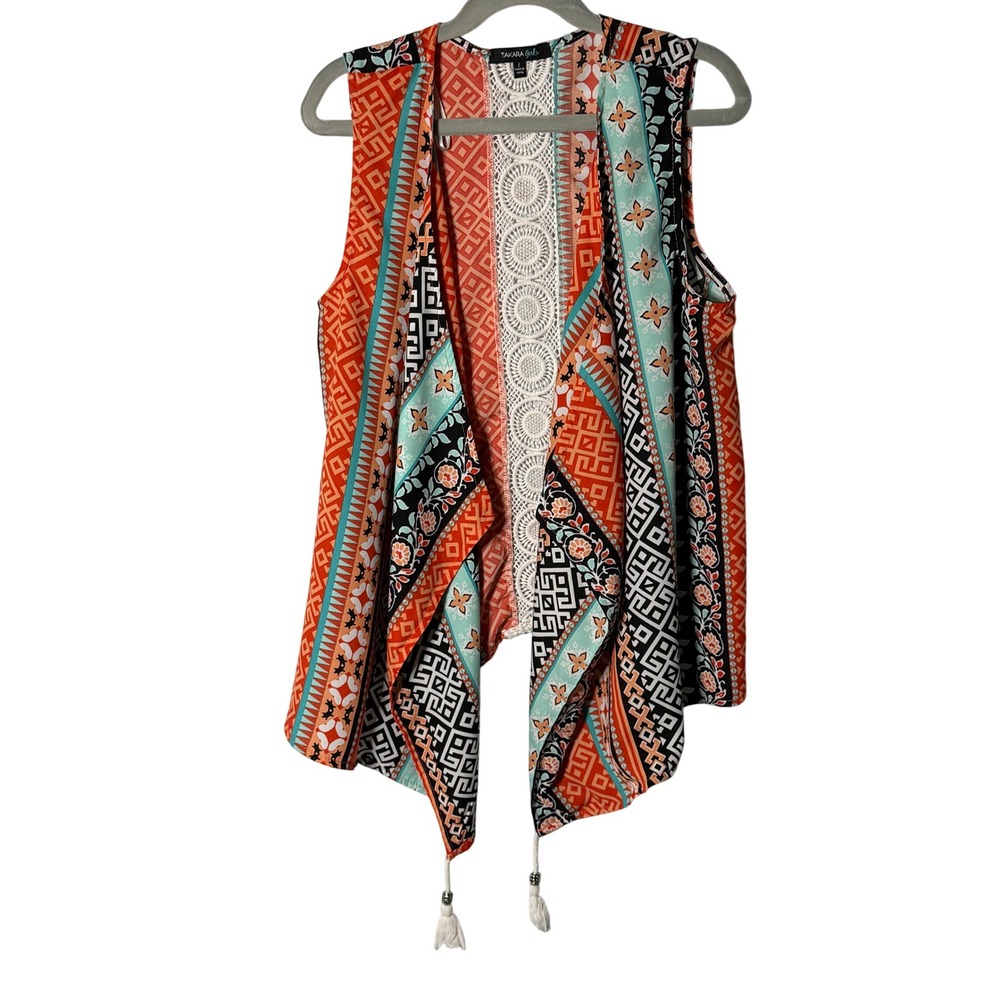 Takara Girls Boho Geometric Print Crochet Back Open Front Vest Tassels Size L